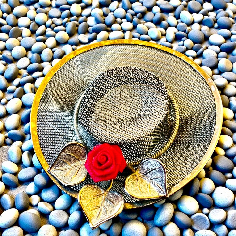 Vintage Pin Brooch Silvertone Mesh Hat With Rose Flower